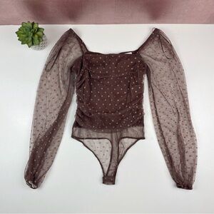 Le Lis Brown Gold Stars One Piece Bodysuit Tulle Sheer Mesh Long Sleeve Women